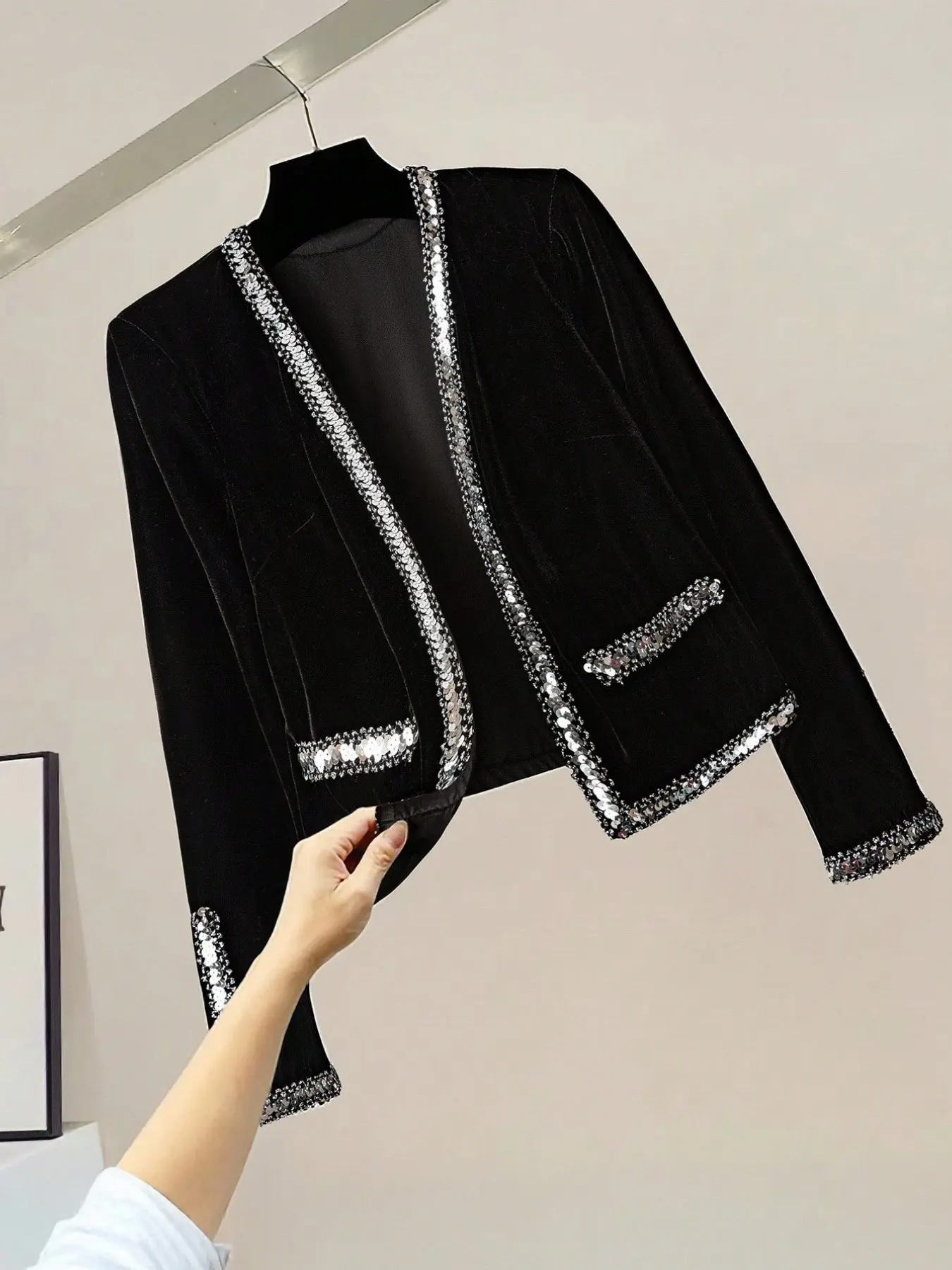Women's Elegant Velvet Jacket Coats, Spring & Fall, Long Sleeve, Sequin & Bead Decoration, Loose Fit, Perfect for Office, Parties, Vacations