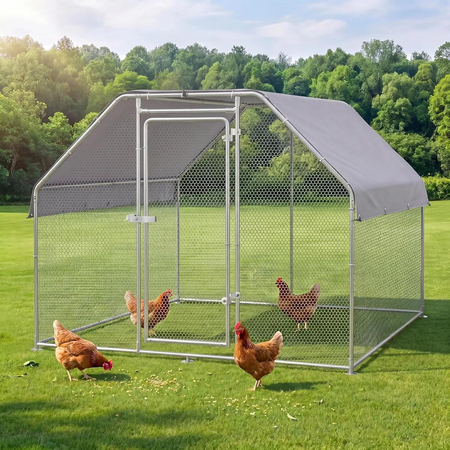 6.5 x 6.5 x 10 FT Large Chicken Coop, Metal Chicken Coop with Waterproof Cover, Spire Roof, Security Lock, Galvanized Steel Walk in Chicken Pen for Hen House, Duck Coop and Rabbit Run