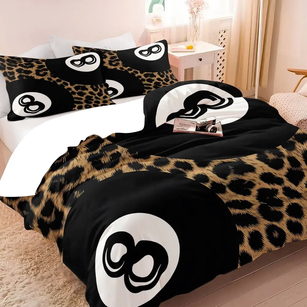 2/3Pcs Y2K Aesthetic Leopard Print Duvet Cover Set, Trendy 8-Ball Bedding Set for Teen Girls Bedroom, Soft Microfiber Duvet Cover with Pillowcase, Stylish Dorm Room Bed Decor No Fillers