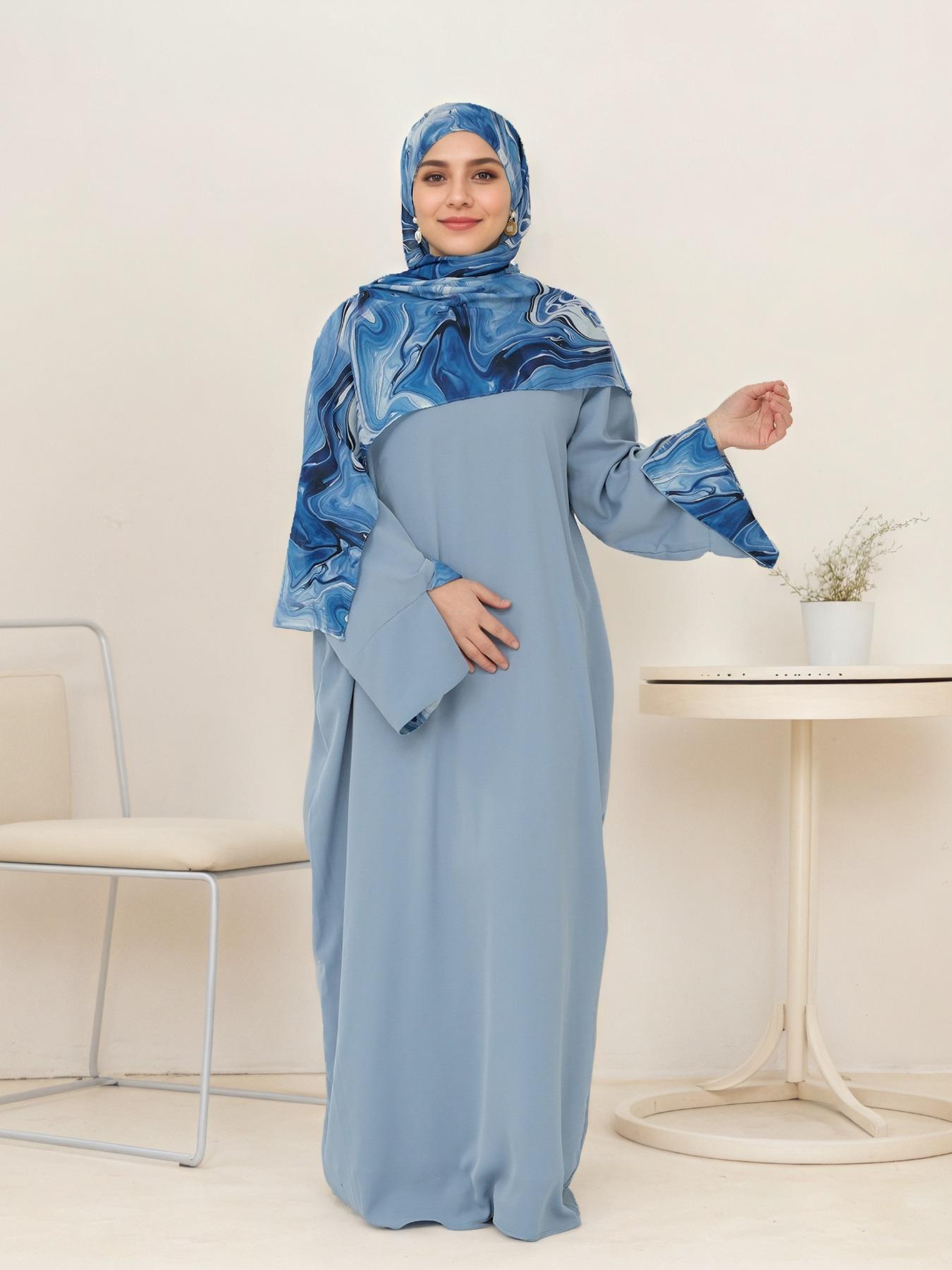 Women's Tie Dye Long Sleeve Dress with Hijab, Modest Casual Long Dress for Daily Wear, Ladies Islamic Clothing for All Seasons, Abaya Hijab Set, Modesty Muslim Clothing