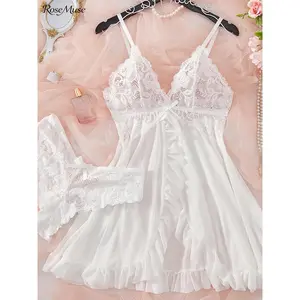 1Set/2pcs Women'S Deep V Lace Nightdress, Sheer Mesh Lingerie Set With Adjustable Straps, Elegant And Tempting Sleepwear Romantic Nights, Honeymoon, Or Daily Homewear, Available In Multiple