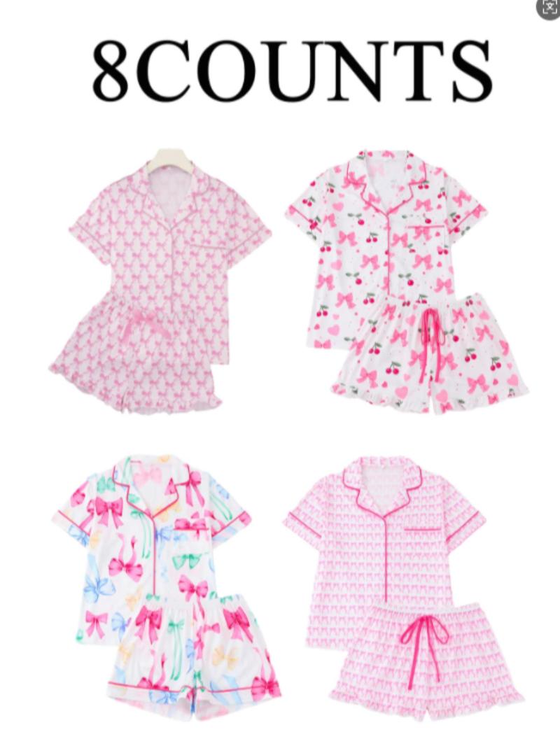 Women's All Over Bow Print Shortsleeve Lapel Shirt & Bow Decor Elastic Waist Shorts Pajama Two-piece Set, Casual Comfy Button Front Pocket Top & Ruffle Hem Shorts Set, Ladies Summer Sleepwear, Loungewear, Lounge Clothes, Cozy Lounge Set