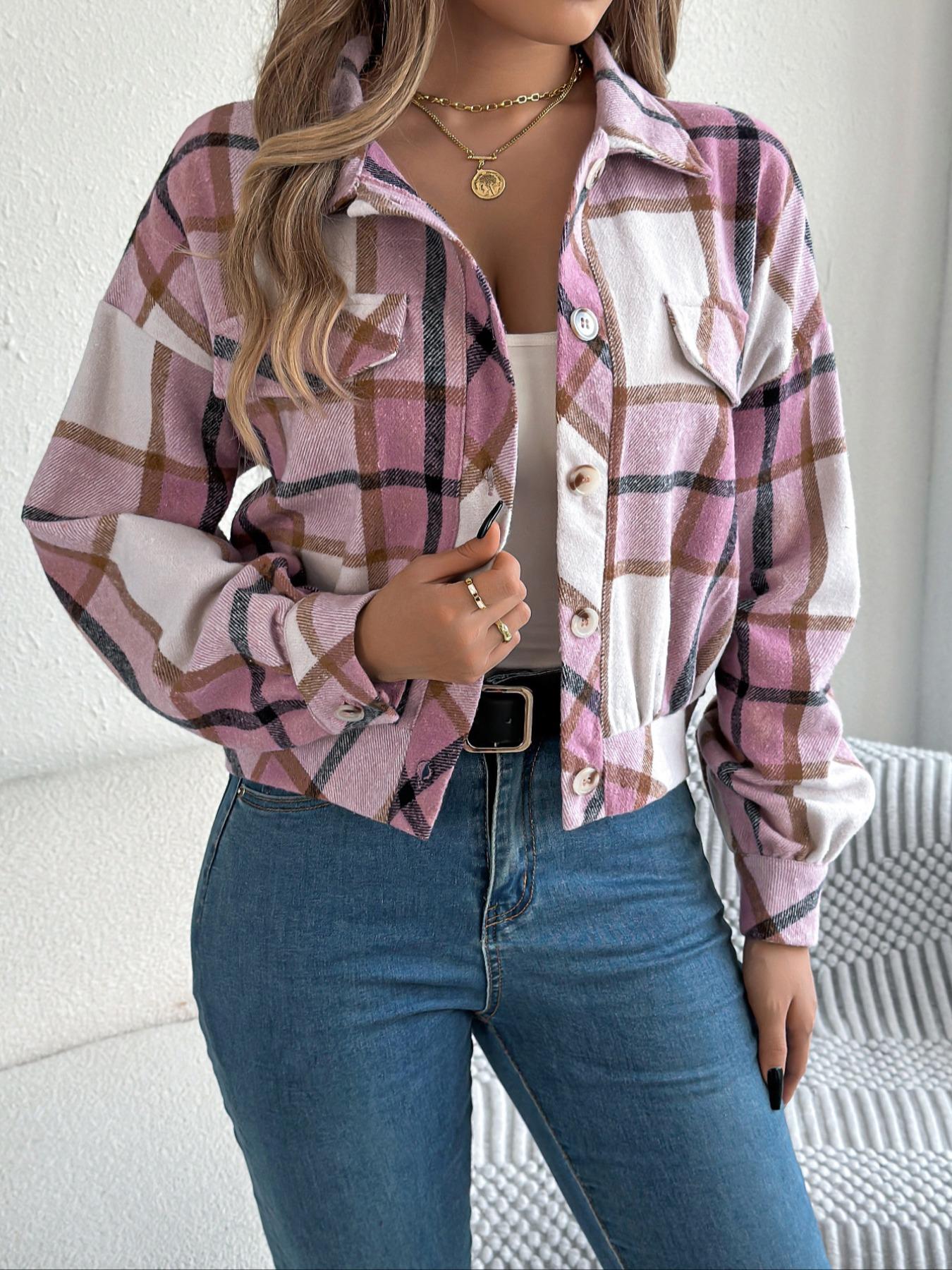 Women's Chic Plaid Print Button Front Drop Shoulder Jacket, Casual Long Sleeve Collared Outerwear for Fall & Winter, Ladies Clothes for Daily Wear