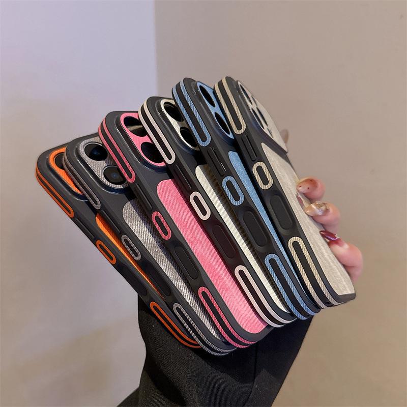 Instantly enlarges the screen, suitable for iPhone 17/16/15/14/13, denim-pattern side-stick anti-collision edge denim leather protective case