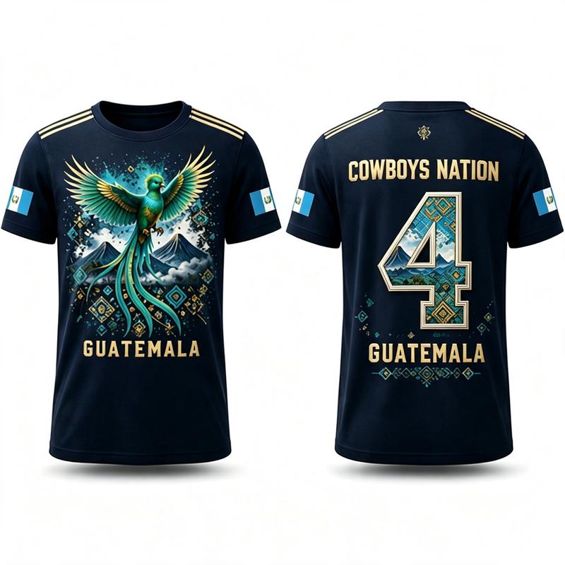 Men's Short Sleeve Regular Fit Tshirt - Navy Blue, Quetzal Bird Mountain Guatemala Cowboys Nation 4 Print, Sports Fan Apparel, Standard Sizes