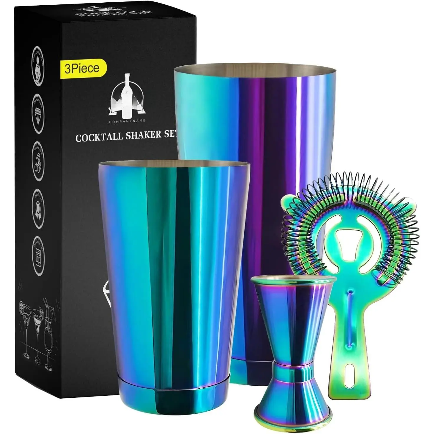 Shaker Bar Set, Weighted  Shaker Tins, Bartender Kit with 18oz & 28oz  Drink Shaker, Hawthorne Strainer, Double Measuring Jigger - Rainbow
