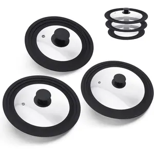 Universal Glass Lid Replacement for Carote Pots and Pans, 3-Pack Silicone Rim Glass Lids for 6"–11" Cookware, Heat-Resistant, BPA-Free, Dishwasher Safe, Fits Pots, Pans & Skillets