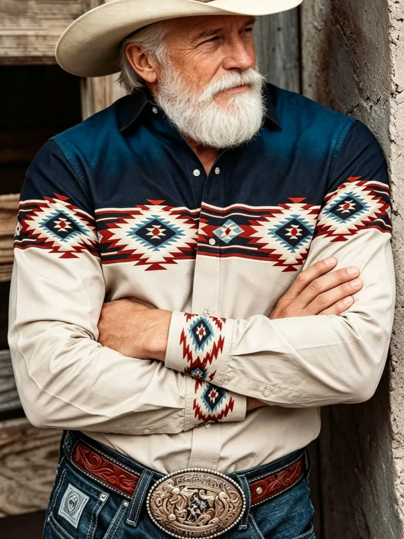 American Western Ethnic Style Aztec Print Men's Long Sleeve Shirt, Slim-Fitting Casual Top, All Seasons, Full Placket Design