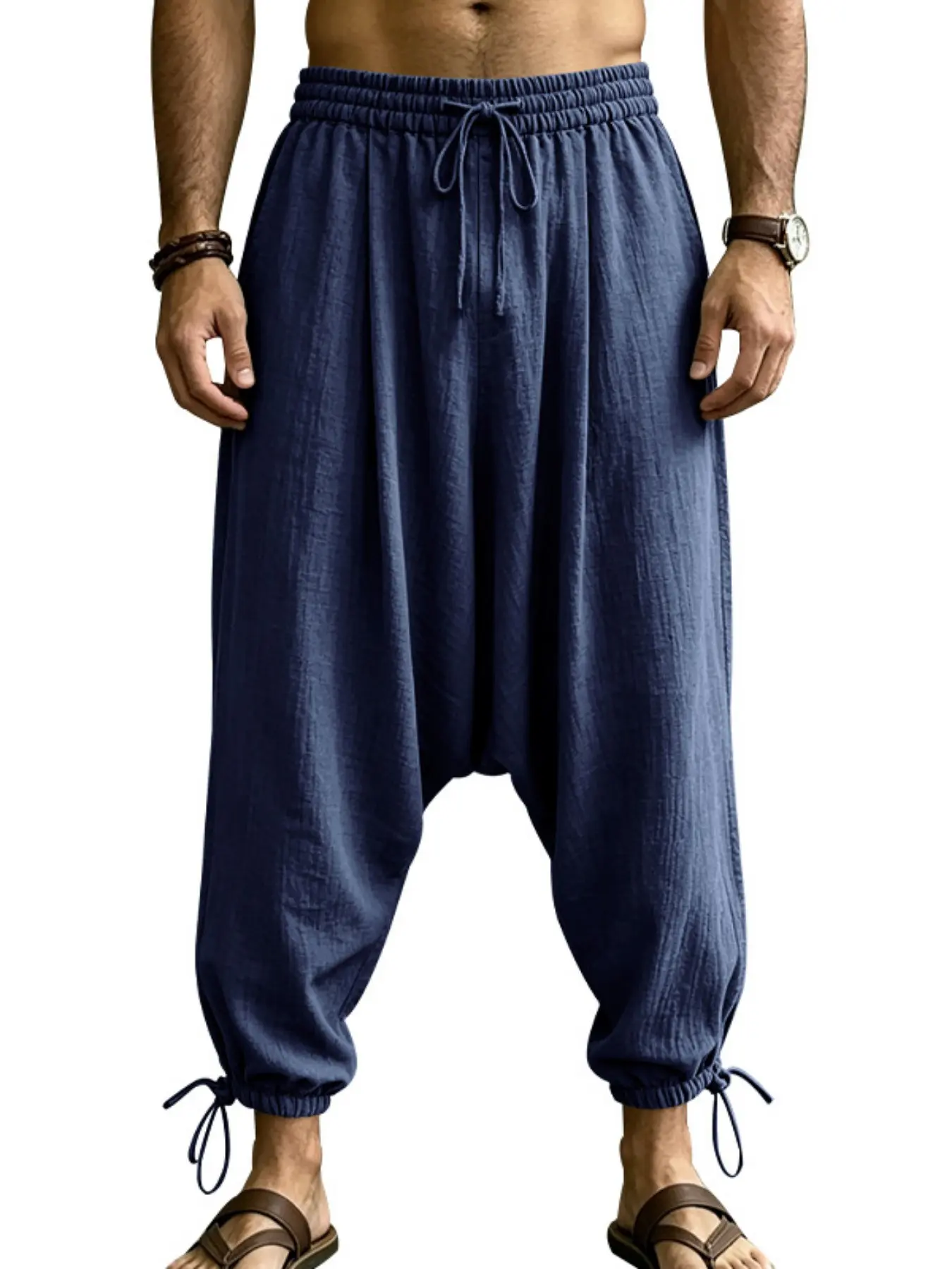 Men's Adjustable Waist Drawstring Linen Harem Pants, Loose Fit Breathable Long Trousers for Beach Walks, Versatile Casual Wear
