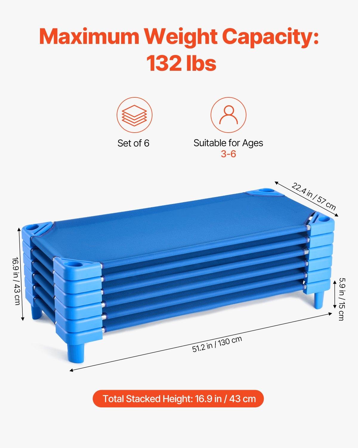 VEVOR Stackable Kiddie Cot, Pack of 6,  Portable Toddler Nap Cots, Standard Size 52" L x 23" W Daycare Cots for Kids, Preschool Classroom Daycare Beds for Sleeping, Resting, Naptime, Blue