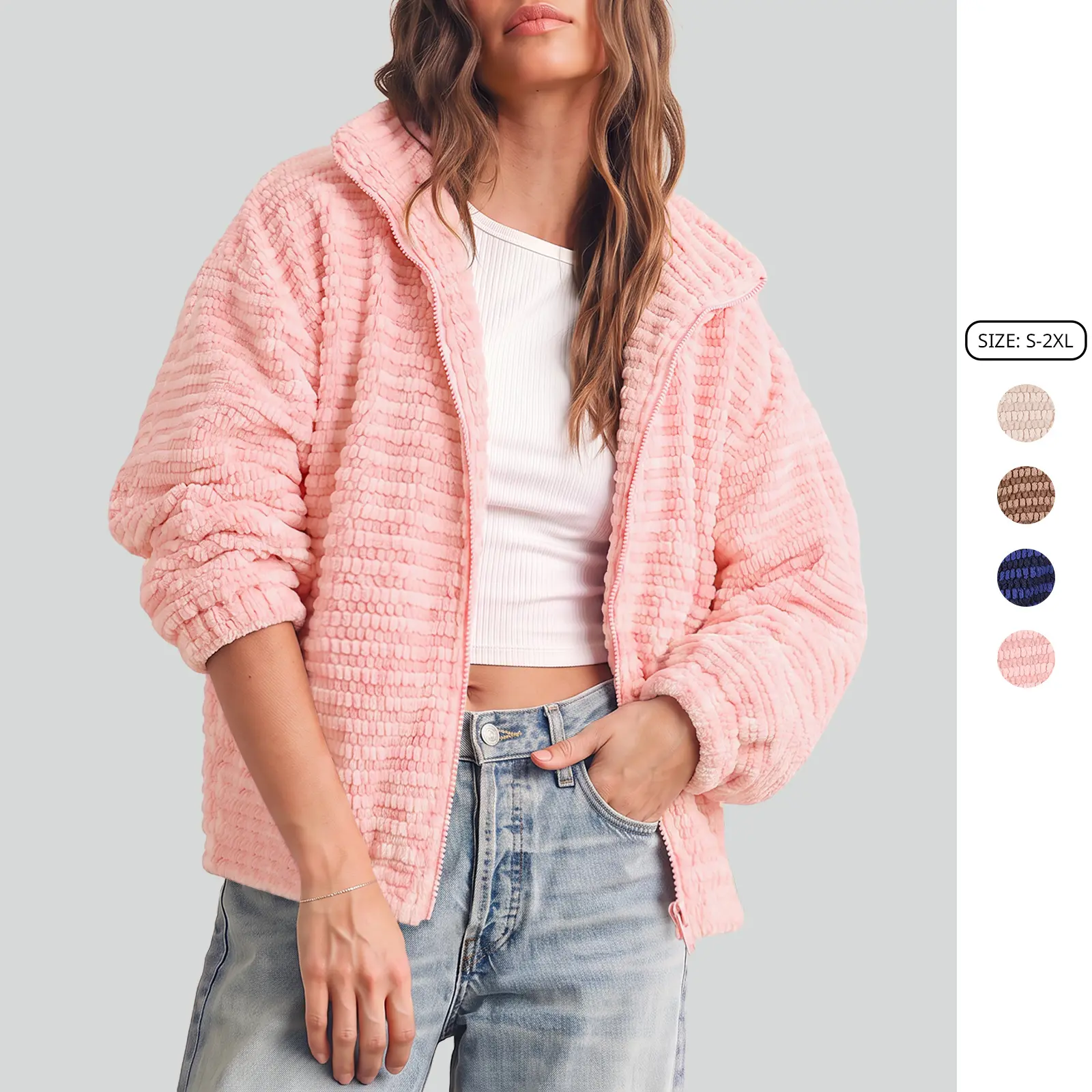 Imily Bela Oversized Fleece Jacket with Pocket - Slouchy Corduroy Ribbed Cozy Stand Collar Zipper Fuzzy Coat
