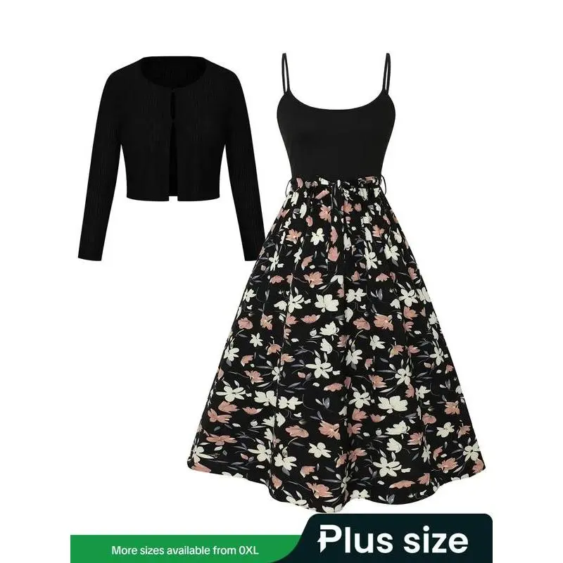 Plus Size Solid Long Sleeve Cardigan & Belted Cami Dress Two-piece Set Casual Fashion Cozy Outfit for Daily Outdoor Wear Women Plus Clothing for All Seasons Womenswear