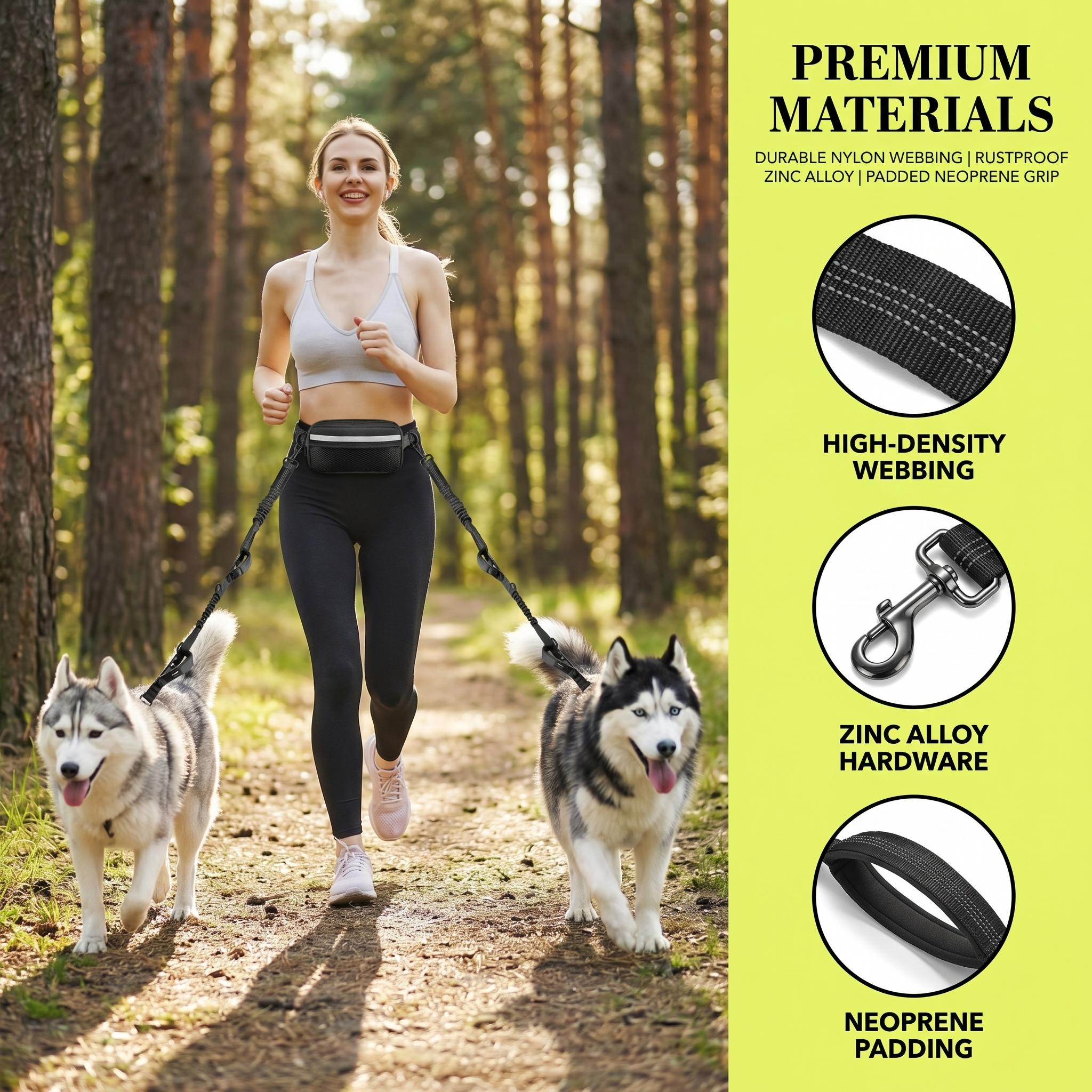 Hands-Free Dog Running Leash with Waist Belt| Adjustable Reflective Bungee Leash, Dual Handles, Shock-Absorbing for Medium & Large Dogs Walking, Jogging & Hiking