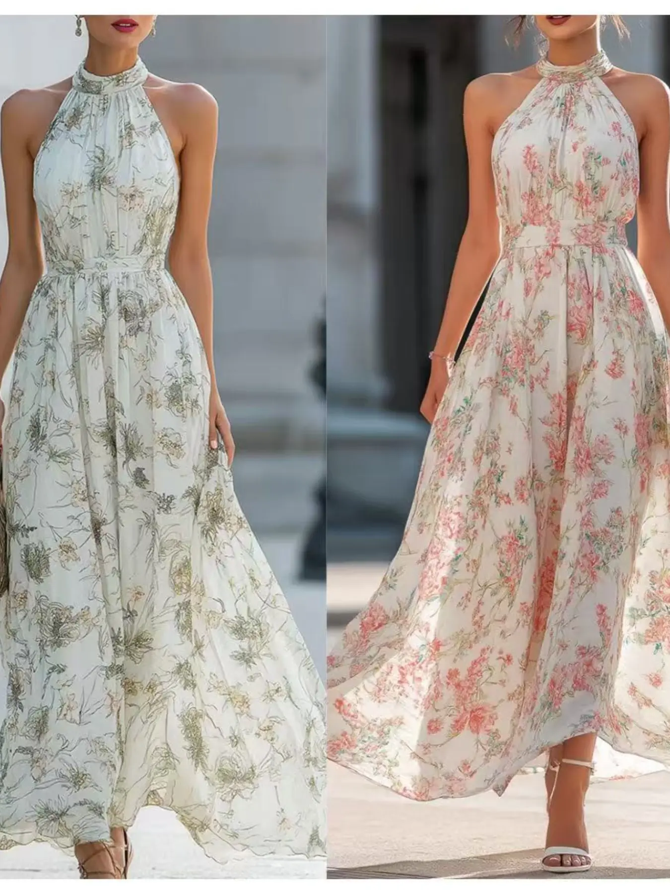 2026 European Women's Spring New Style Halter Boho Printed Floral Dress, French Chic Waist Cinch A-Line Dress, Elegant Female Fashion, Boho Summer Outfit