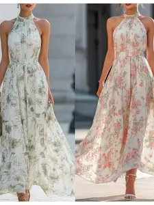 2026 European Women's Spring New Style Halter Floral Dress, French Chic Waist Cinch A-Line Dress, Elegant Female Fashion