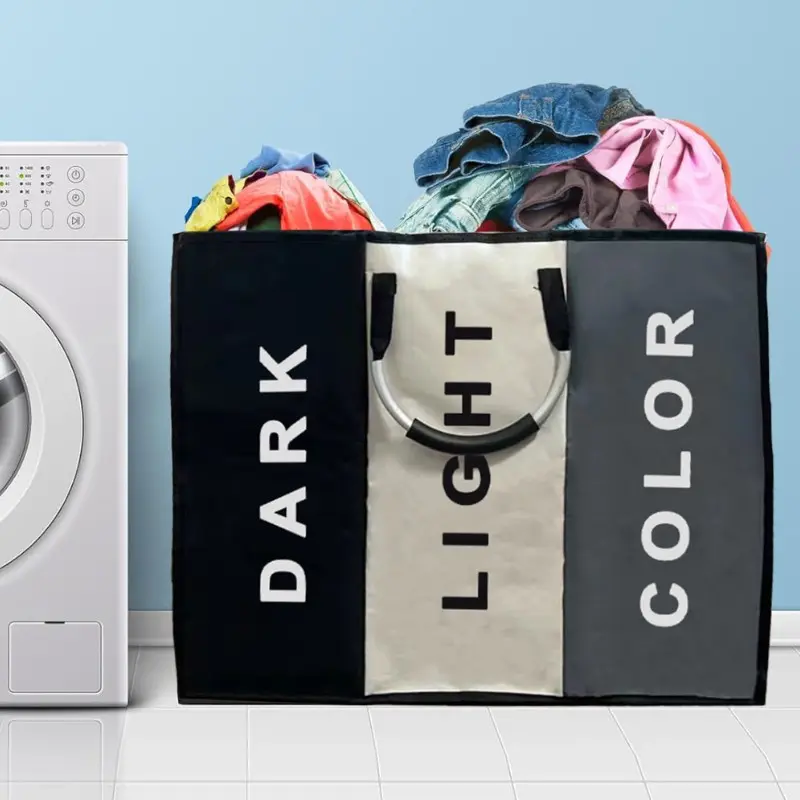 Large-capacity three-compartment laundry basket, portable fabric dirty clothes storage basket, with three color divisions, multi-functional classified laundry organizer, suitable for home, dormitory, camper and daily use, Laundry Sorting Basket