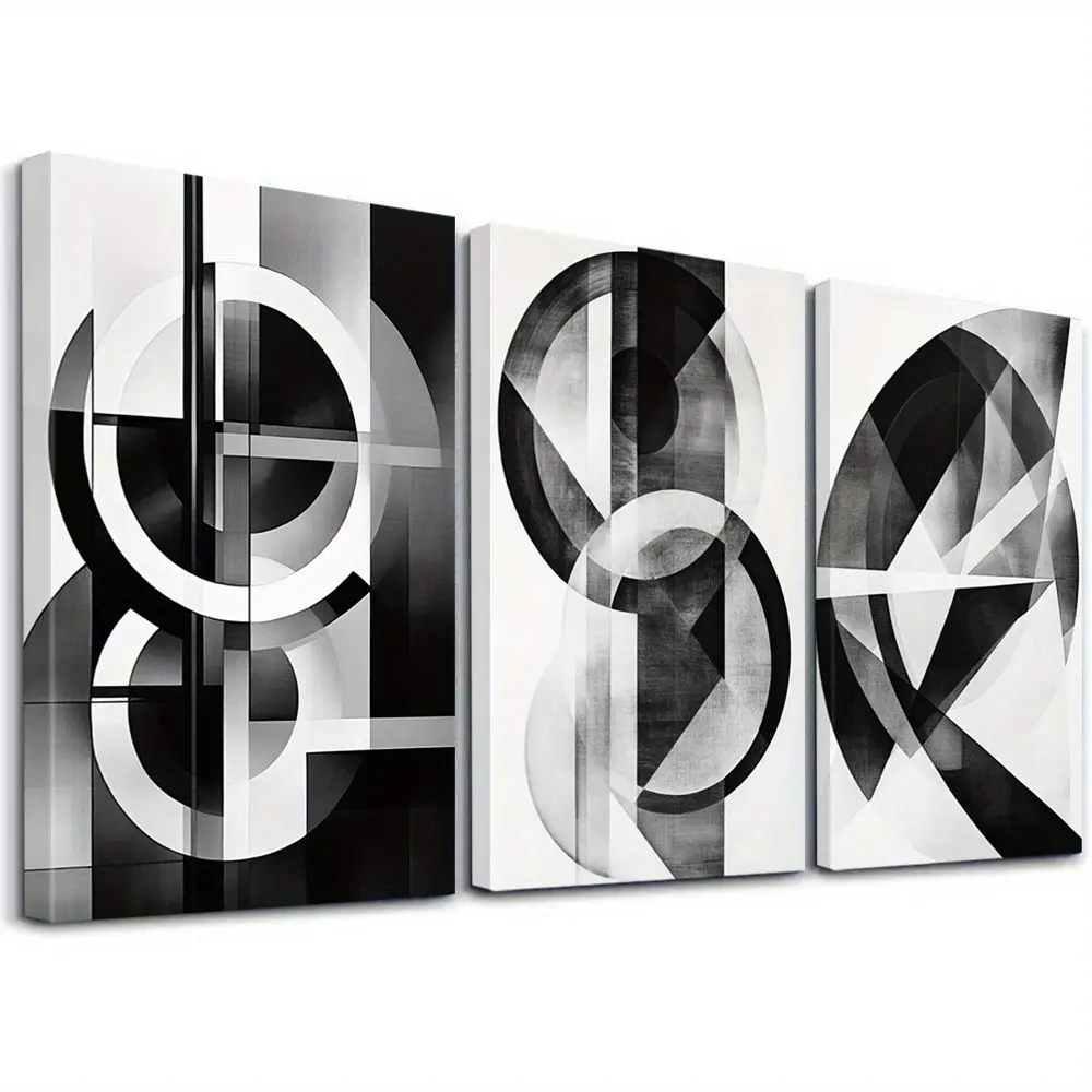 3-piece set of abstract art frames, black and white canvas print wall art, minimalist geometric artwork, monochromatic room aesthetics, modern wall decoration, home wall painting, ideal gift