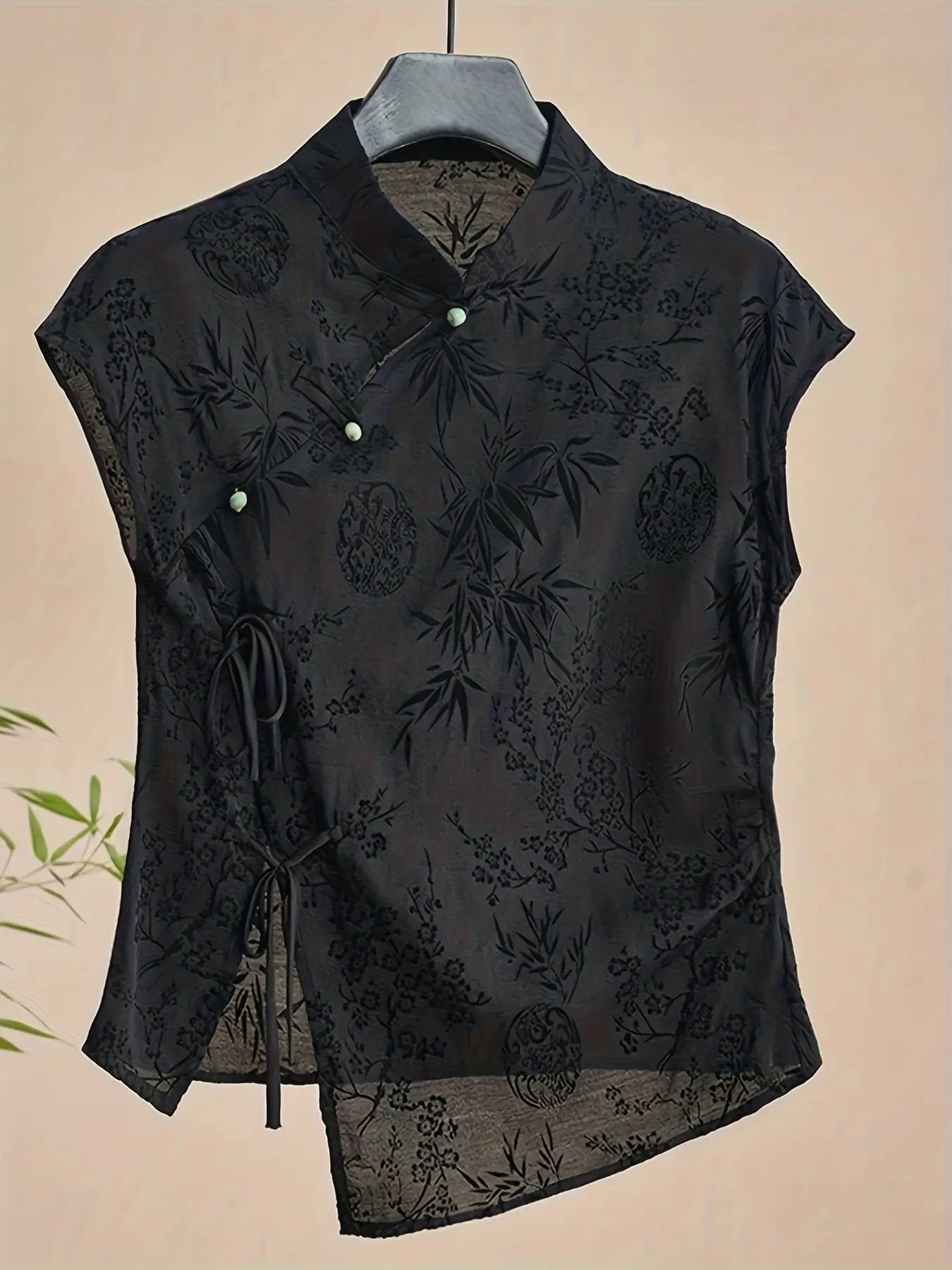 New Traditional Mandarin Collar Button Front Short Sleeve T-Shirt for Women, Stylish Embroidered Top, Vintage National Style Shirt
