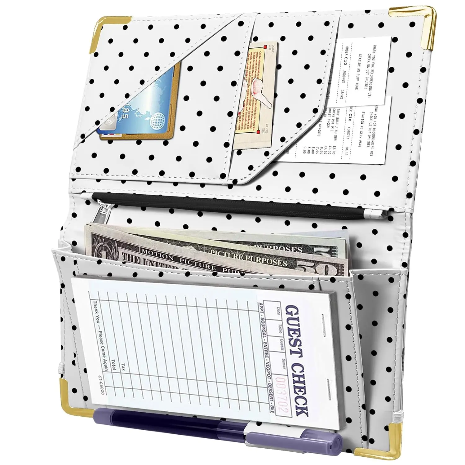 Cute Server Book for Waitress, Simple with Zipper Pocket, High Volume,  Organizer Wallet  Check Bill Receipt Holder Presenter for Restaurant Waitstaff Organizer (White Polka Dots)