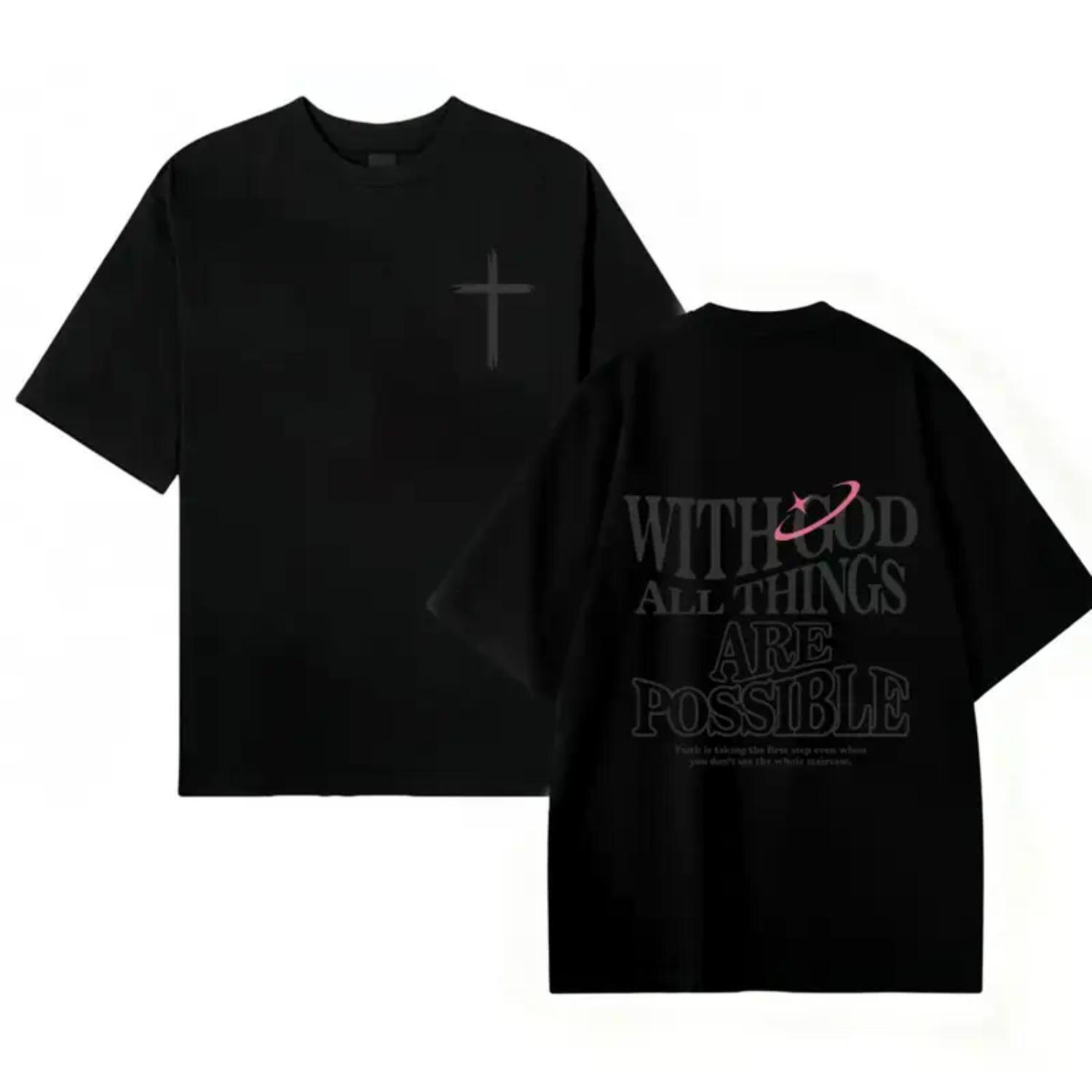 Men's Black Cotton Graphic Tee - Matthew 26:41 "With God All Things Are Possible", Loose-Fit Crew Neck Shortsleeve Sports Top, Premium Summer Fabric Casual Wear, Ideal Boyfriend Gift (Christmas, New Year) T Shirts