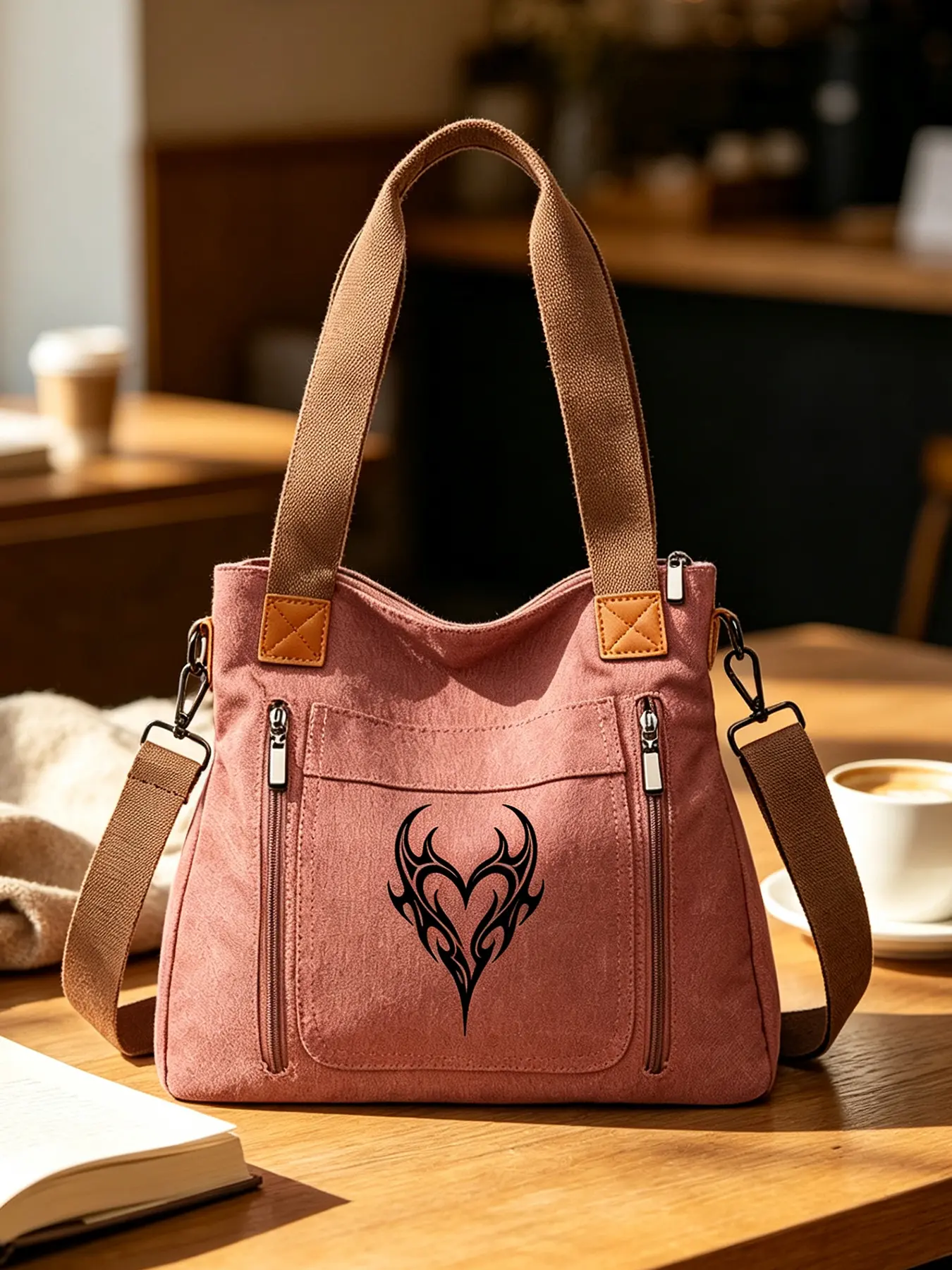 Heart Print Tote Bag, Large Capacity Multi-Compartment Shoulder Bag with Adjustable Wear-Resistant Straps, Soft Cute Aesthetic Unisex Commuter Bag, Perfect Daily & Halloween Gift for Commute, School, Shopping and Travel