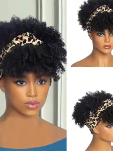Headband Wigs for Women, Afro Kinky Curly Wig with Synthetic Short Hair, Attached Headband, Headwrap Wigs, Kinky Curly Style, Coily Textured Wigs