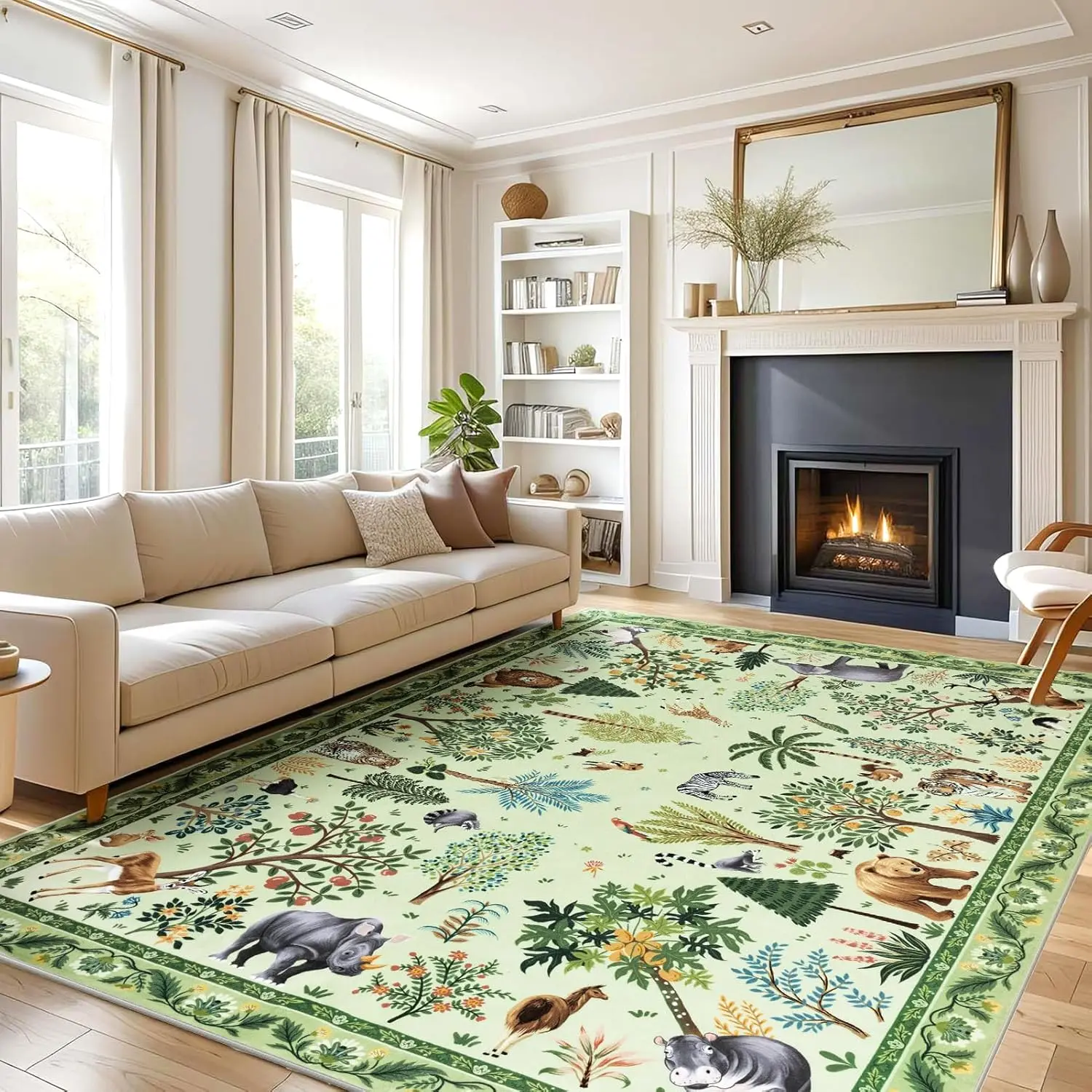 Area Rug 8x10 Clearance Rugs for Living Room  Jungle  Print Rug for  Boy Playroom Washable Non Slip Rug for Bedroom, , Dining Room, Light Green