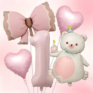 7 Piece Bow Bear Number Balloon Set, 32 Inch Baby Aluminum Foil Balloons, Girl Birthday Party Decor, Korean Style Event