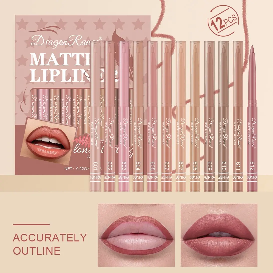 Dragon Ranee Neutral Matte Cosmetic Lip Liner Set 12-Pack, Smooth Cream Texture, Transfer-Resistant, Multi Nude Shades, Daily Lip Definition Makeup