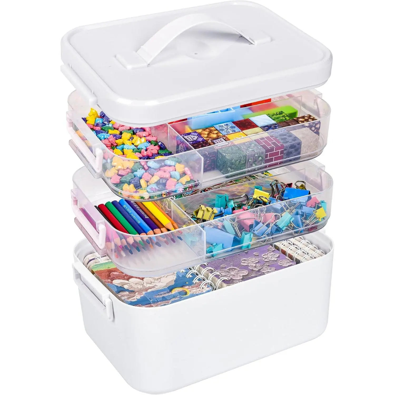 13.3 QT Art  Organizer Box with Handle, White 3-Tier Stackable Craft Storage Container with Removable Trays for Markers, Paints, Beads and Sewing Accessories 11.1''x7.7''x9.1''