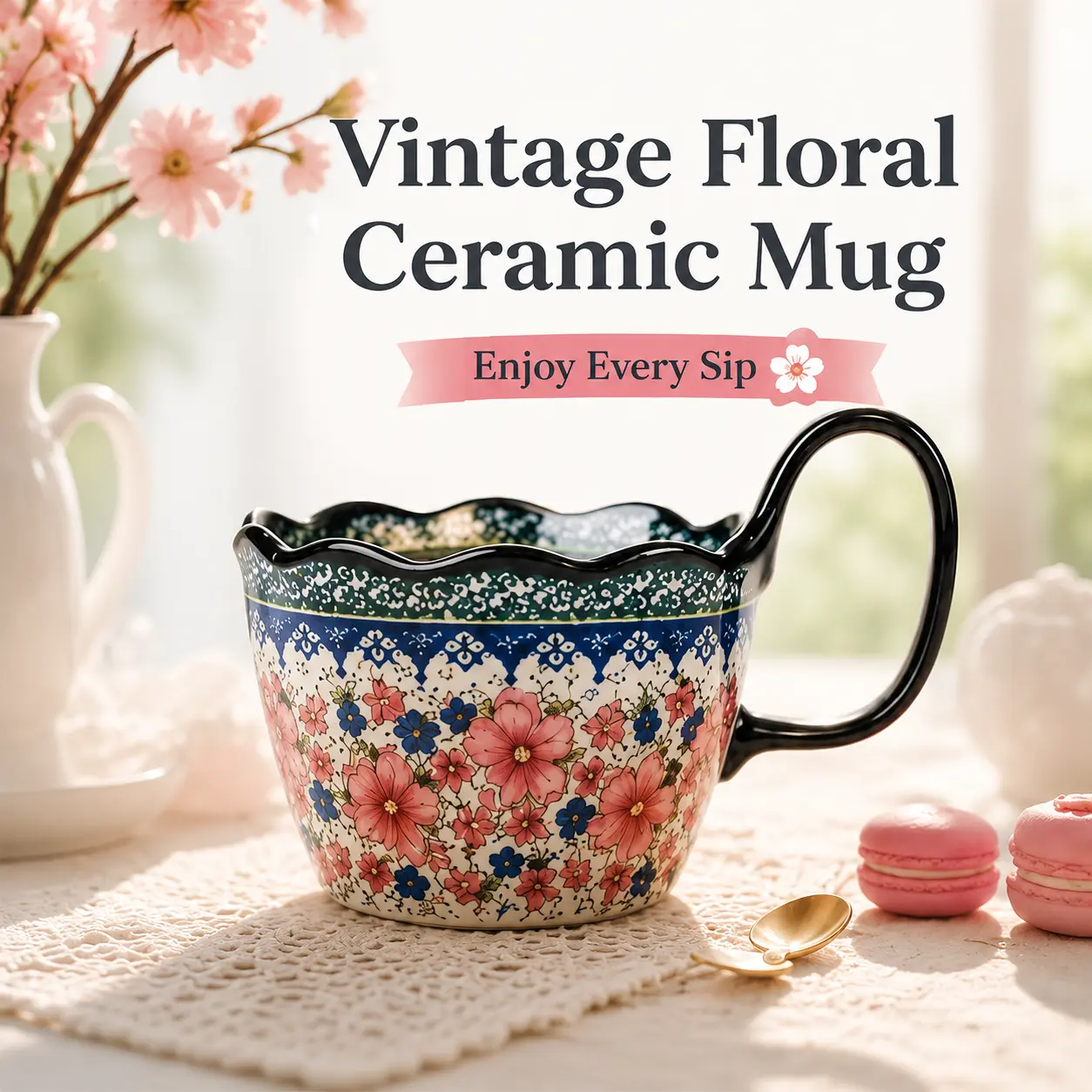 Vintage Floral Ceramic Mug with Large Handle, Elegant Tea Cup for Women, Hand Painted Coffee Mug, Beautiful Aesthetic Drinkware for Tea, Coffee, Latte & Cocoa, Cozy Cottagecore Kitchen Decor, Perfect Gift for Mom, Friends & Tea Lovers