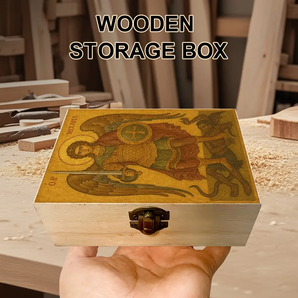 1Pc Hand - crafted Wooden Storage Box, Gift Storage Box with Archangel Michael Illustration, Prayer Box, Small Trinket Organizer, Keepsake Box for Jewelry Collection, Memento Storage, Spiritual Altar Decor, Rustic and Spiritual Home Decor