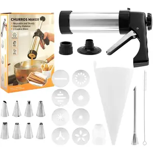 Stainless Steel Churro Maker Machine with 8 Discs Nozzles and 8 Piping Tips Cleaning Brush & Filling Piping Bag, maquina Para Hacer Churro cookie press