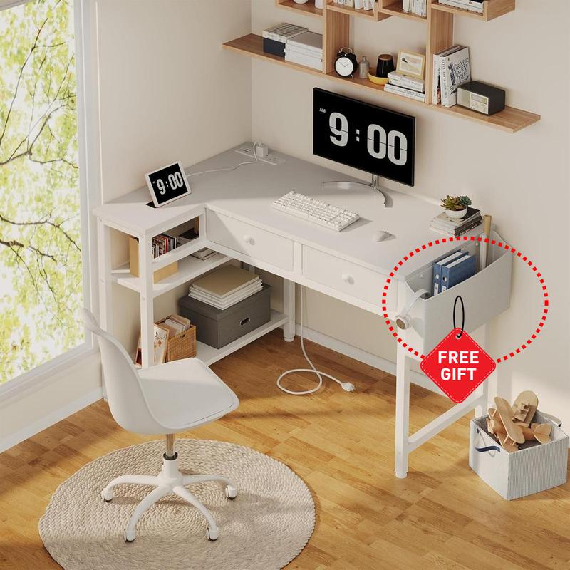 White L Shaped Desk with Drawers & Storage Shelves, 40 Inch Small Corner Desk with Power Outlet for Small Space Home Office, Study Work PC Desks for Bedroom, Get Free Gift