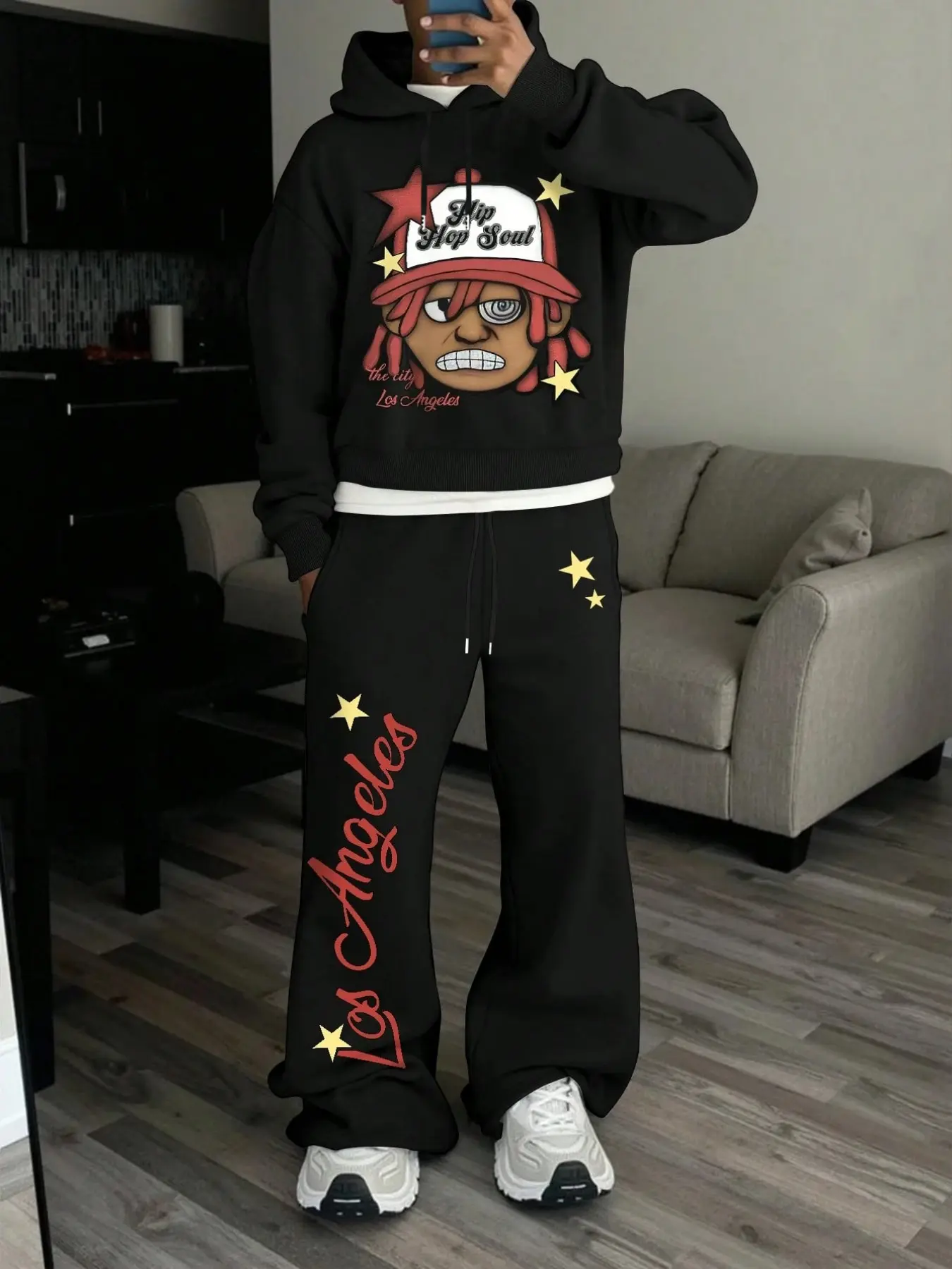 2Pcs Oversized Los Angeles Tracksuit Set, Y2K Hip Hop Star Graphic Hoodie and Baggy Sweatpants for Men, Streetwear Outfit