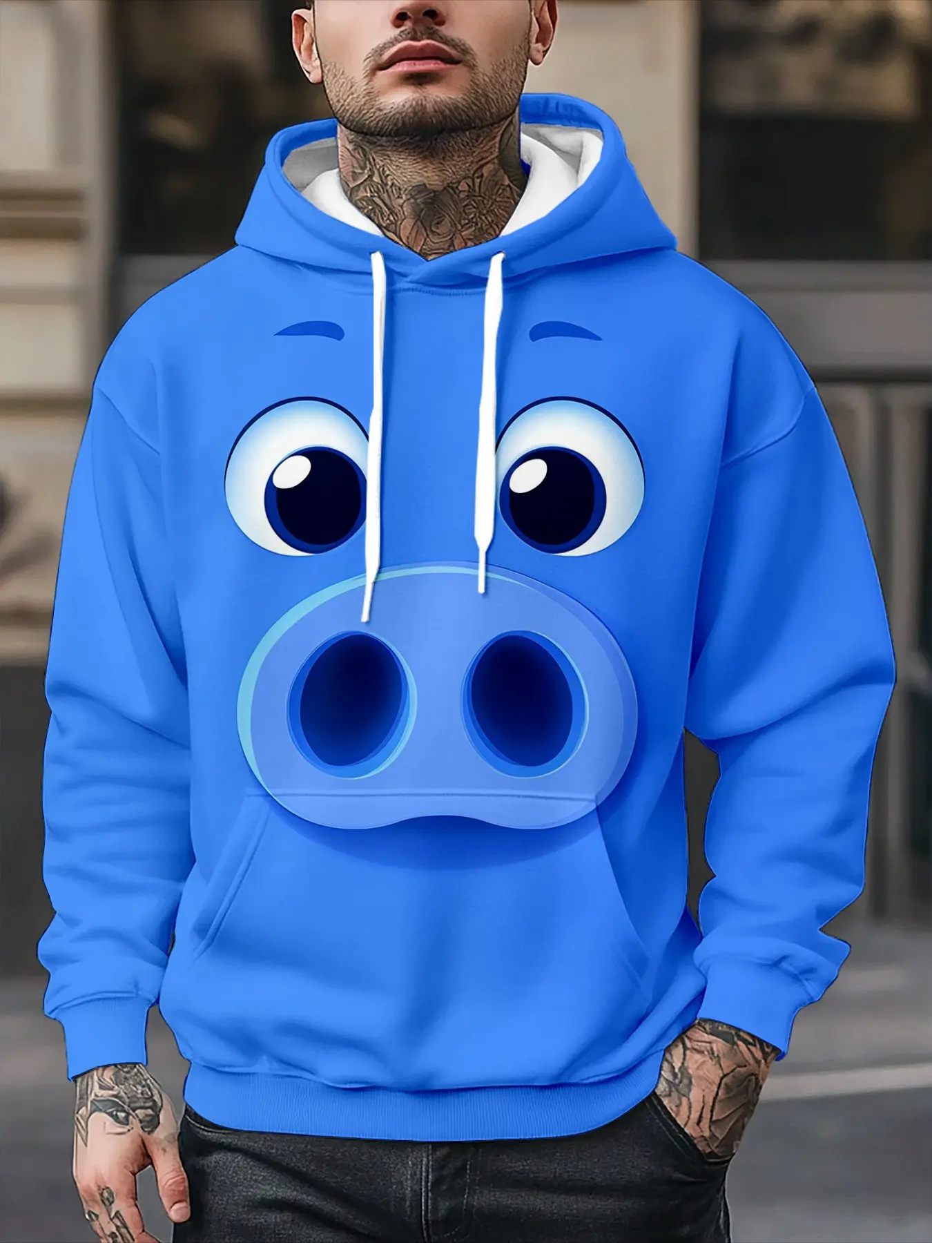 Men's Hooded Sweatshirt, Blue Cartoon Pig 3D Print, Drawstring Hood, Kangaroo Pocket, Casual Streetwear, All Seasons