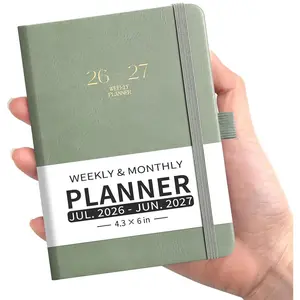Pocket Calendar 2026-2027, Small Mini Academic Planner Weekly and Monthly, July 2026-June 2027, School Student Teacher Agenda, Leather Hardcover, 100GSM Paper, Tabs, A6 4.3"x6", Light Green
