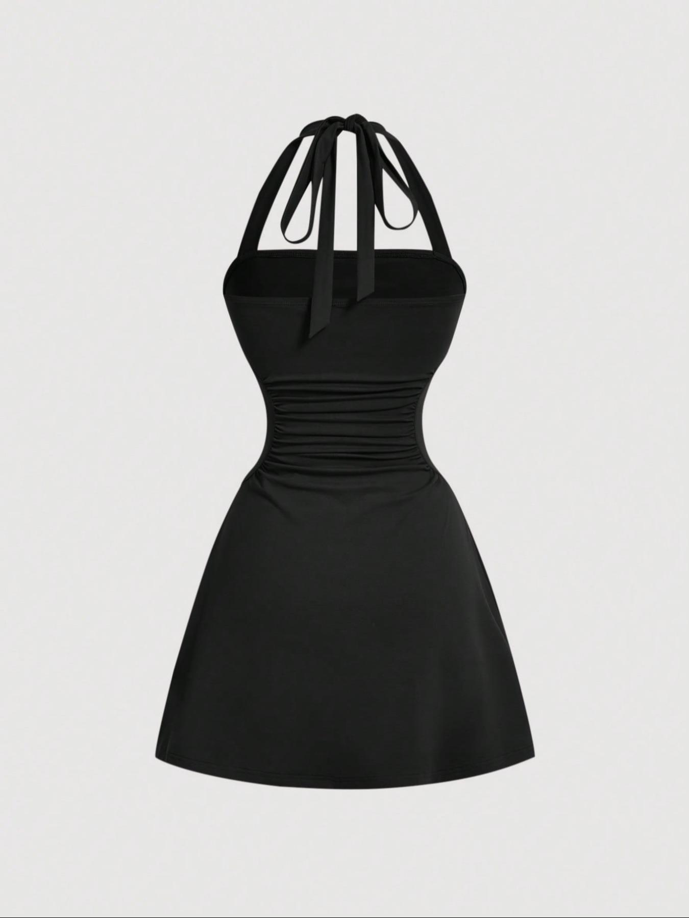 Women's Solid Fit Ruched Tie Back Backless Halter Neck Dress, Casual Fashion Fitted Womenswear Sleeveless A Line Short Dress for Summer, Women's Dress for Beach Holiday