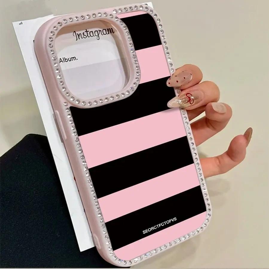 Pink And Black Striped Letters Pattern Double-Sided Diamond Transparent Mobile Phone Case Thin Light TPE Material For iPhone 17 Pro Air 16 15 14 13 12 11 Pro Max Plus Air 16e Christmas Valentine's Day Gifts