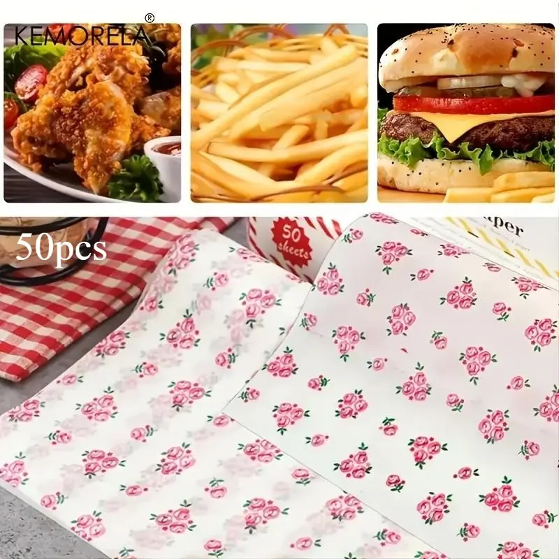 Kemorela 50 Sheets Wax Paper, Heart & Rose Pattern, Oil-Resistant Baking Paper, Parchment Paper Sheets, 8.46x9.84 Inches, Ideal for Picnics, Bakeries, Halloween, Christmas, Baking Accessories