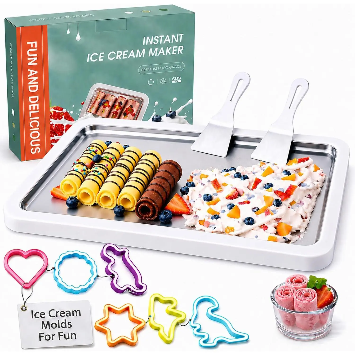 Rolled Ice Cream Maker Kit –  Freeze Ice Cream Roll Maker with 2 Spatulas & Shape Molds, -Grade SUS 304 Stainless Steel Cold Plate for DIY Rolled Ice Cream, Frozen Yogurt, Sorbet & Gelato