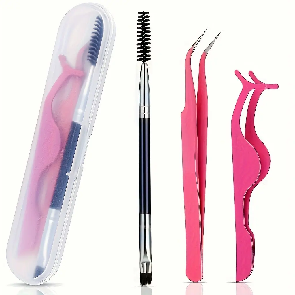 3 Piece Eyelash Tweezer Set, Eyelash Tools, Dual-Head Brow Brush & Lash Curler, Sharp Tip Clip, Easy Travel Use, Perfect for Holidays & Trips
