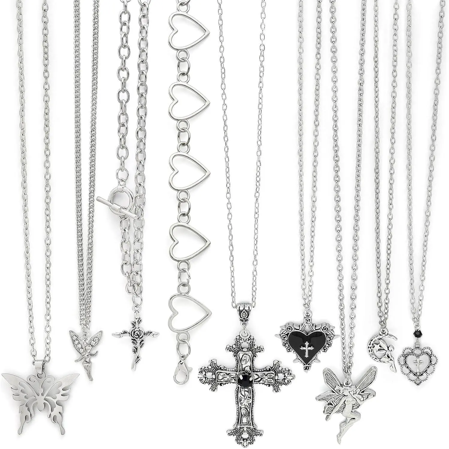 10 count Layered Grunge Y2K Goth Necklace Set for Women Men Gothic  Thorns Butterfly Goth Heart  Choker  Grunge Witchy Alternative  Y2K Alt Emo Scene Accessory