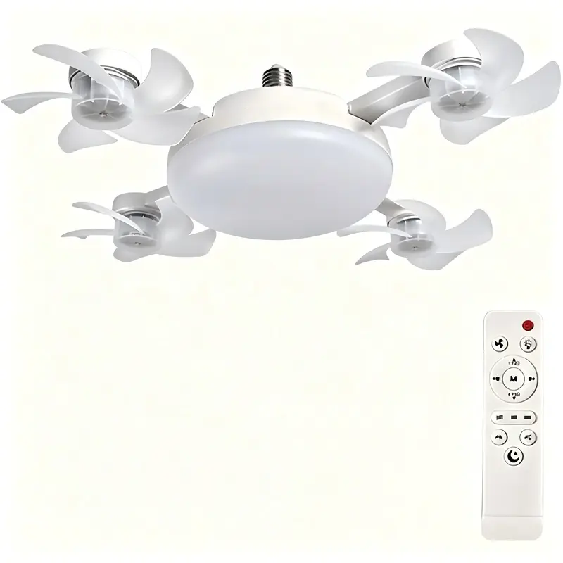 E27 Socket Ceiling Fan Light 2 in 1 Silent LED Fan with Remote Control, E27 Screw in Ceiling Fan in Light Socket, 3 Color and 3-Speeds Adjustable, Easy Install for Home (4-Heads)