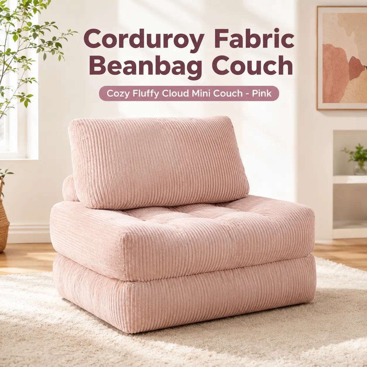 Corduroy Bean Bag Sofa, Mini Couch, Cloud Couch, 62.9 Inch Pink Sofa, Soft Fluffy Floor Chair, Cosy Lounge Seat for Living Room, Bedroom and Dorm, Modern Small Space Furniture and Relaxing Bedroom Chair