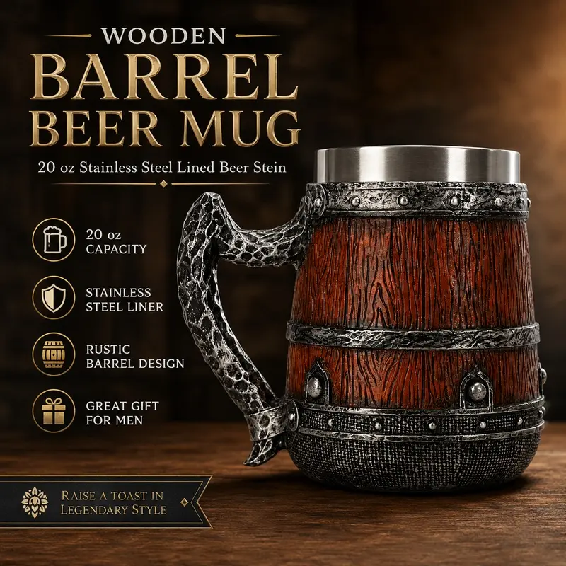 20 oz Rustic Wooden Beer Tankard with Stainless Steel Cup, Vintage Cup, Barrel Style Mug for Home Bar and Parties, Christmas Birthday Gift for Beer Lovers