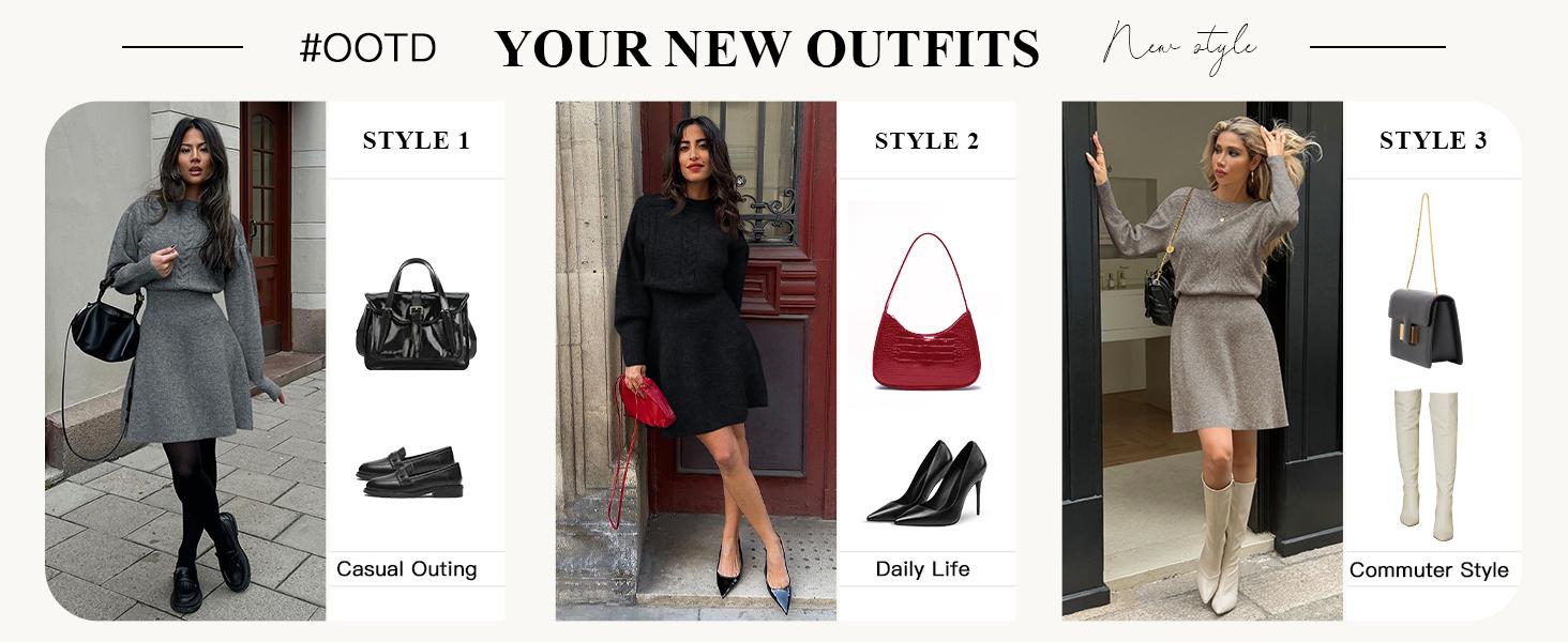 Saodimallsu Womens Puff Long Sleeve Sweater Dress Cable Knit A Line Crew Neck Fall Casual Flare Mini Dresses SpringStatements