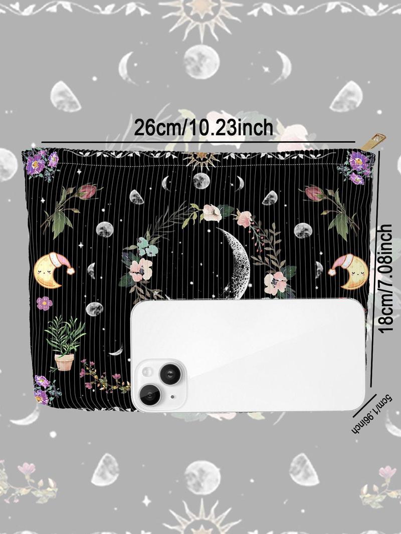 Floral & Moon Pattern Corduroy Makeup Bag, Large Capacity Zipper Cosmetic Storage Bag, Lightweight Multi-functional Toiletry Bag for Women & Girls, Travel Cosmetic Bags, Travel Essentials
