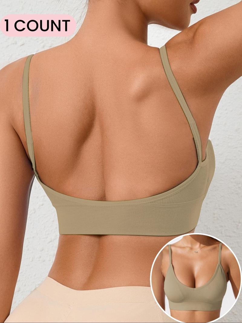 Seamless Comfortable V Neck Women's Bra with Thin Straps, No padding，Inner double-layer fabric and Backless Design,Suitable for Daily Casual  Wear,Women's Ribbed Underwear,All Seasons, Seamless Wireless Bra