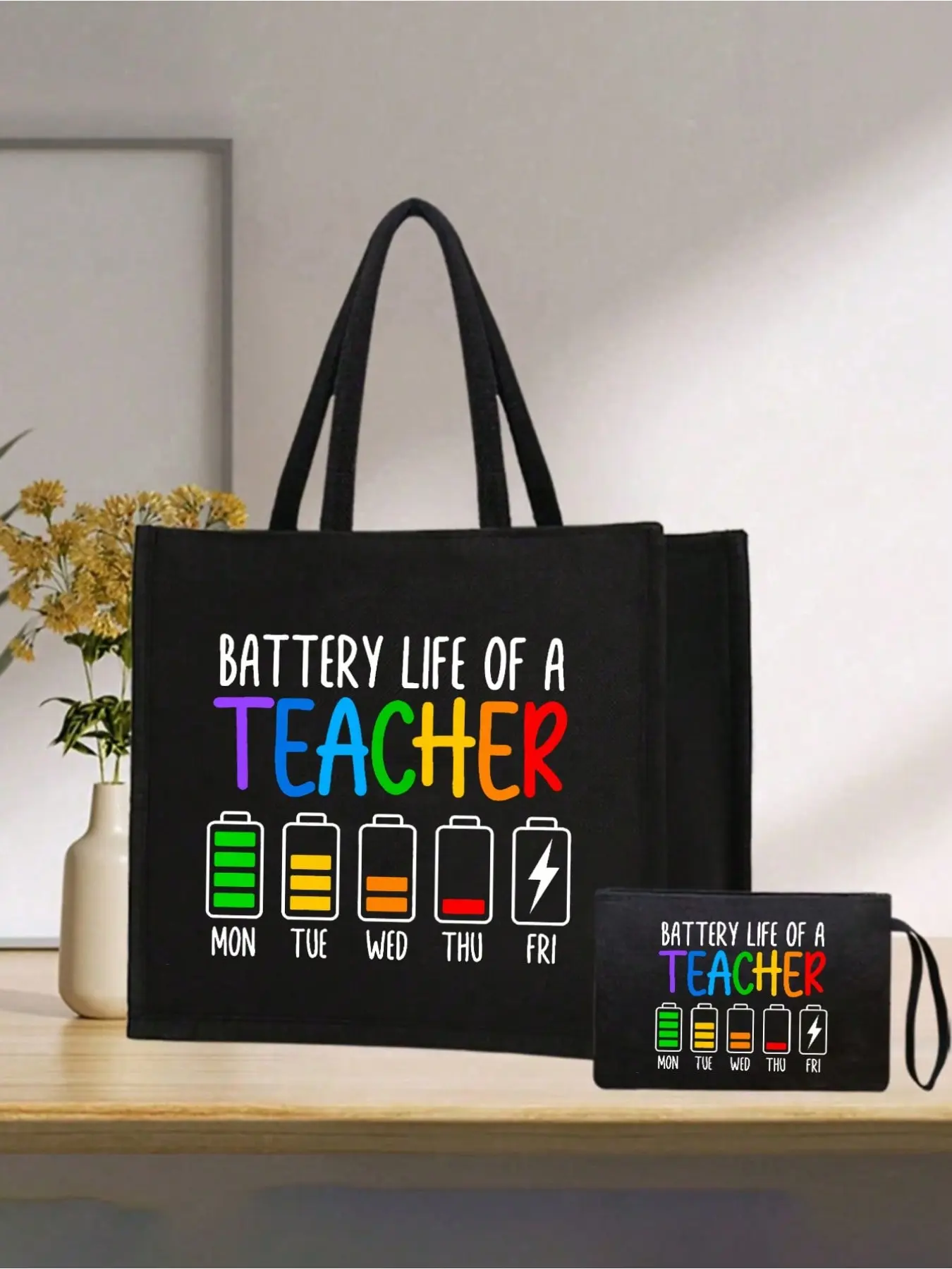 Teacher Theme Print Handbag Set (two Piece) - Large Capacity, Durable Canvas, Comfortable Handle, Perfect Gift for Teachers, Students, Women